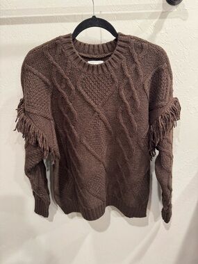 AE Fringed Cable-Knit Crewneck Sweater